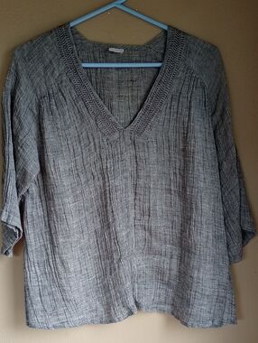 Poetry Linen V Neck Embroidered Textured Top Gray Minimalist Size 8